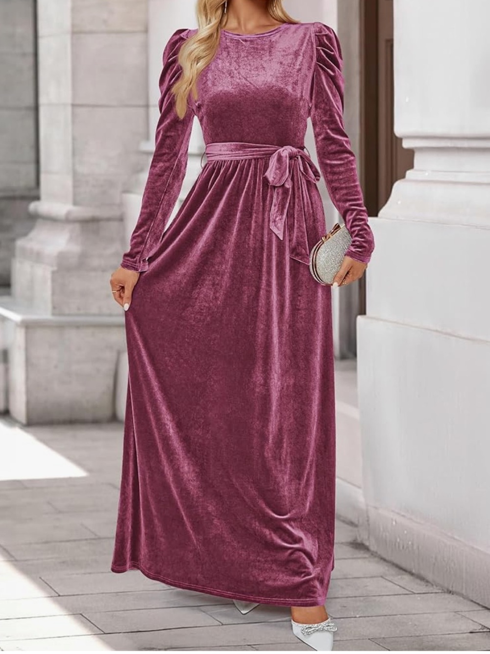 ZESICA Velvet Maxi Dress Mauve Long Puff Sleeve Belted Cocktail Party Dress S